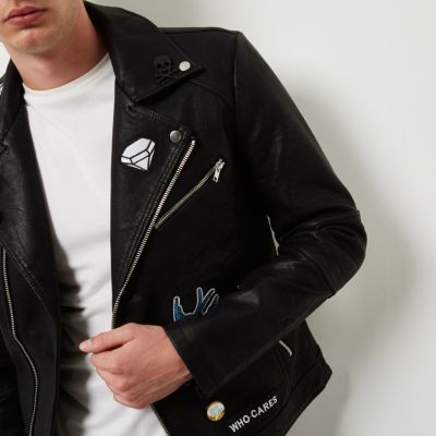 Black faux leather badged biker jacket